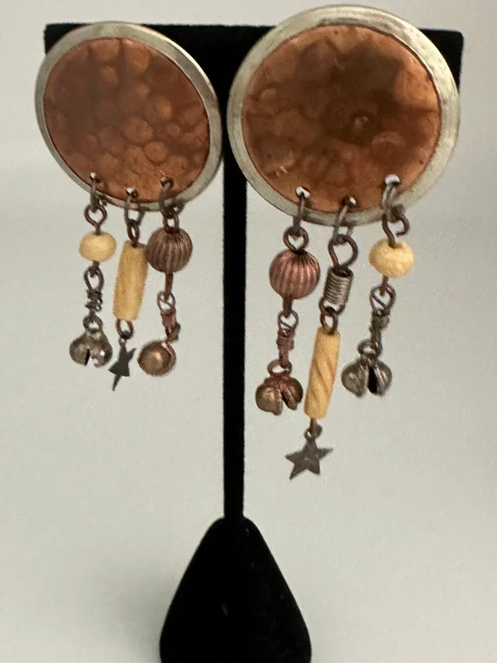 Vintage Artisan Copper Mixed Metal Asymmetrical Clip On Earrings 2.5